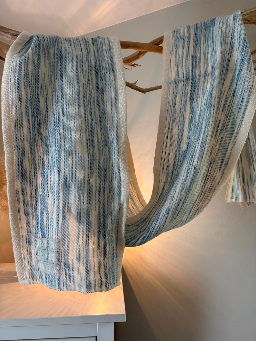 Swans Island Handwoven Wool Silk Scarf Shawl Blue Ivory Made in Maine, USA